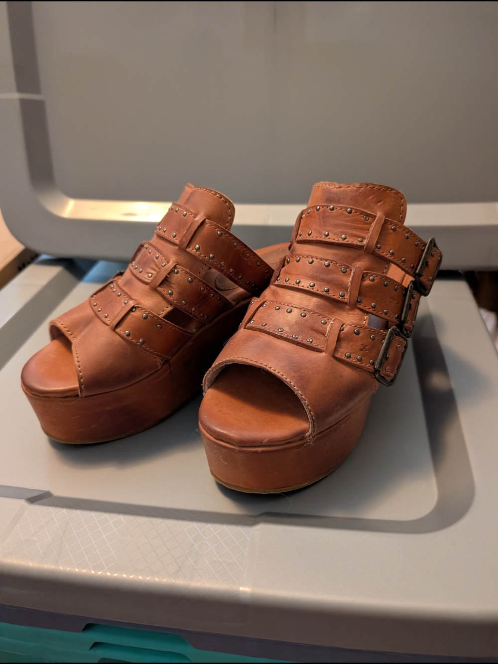Freebird Platform Slide Sandals in Brown with Studded Straps